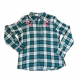 Northcrest Harbor Blue Floral Embroidered 100% Cotton Plaid Button Up Sz L